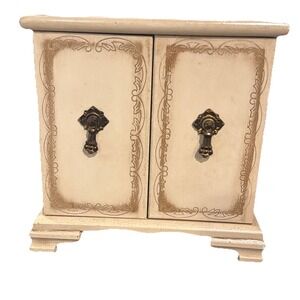 Vtg London Leather Jewelry Box  Double Doors Three Drawers Antique White‎ Gold